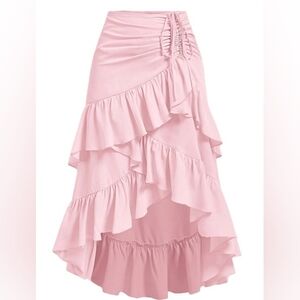 (SOLD)Ruched Waist High-Low Ruffle Skirt - Pink